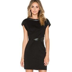 The Kooples Black Vinyl Faux Leather Trim Fitted Mini Dress, Size XS NWOT